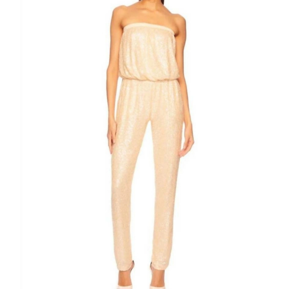 Susana Monaco Creme Sequin Strapless Tube Straight Leg Jumpsuit